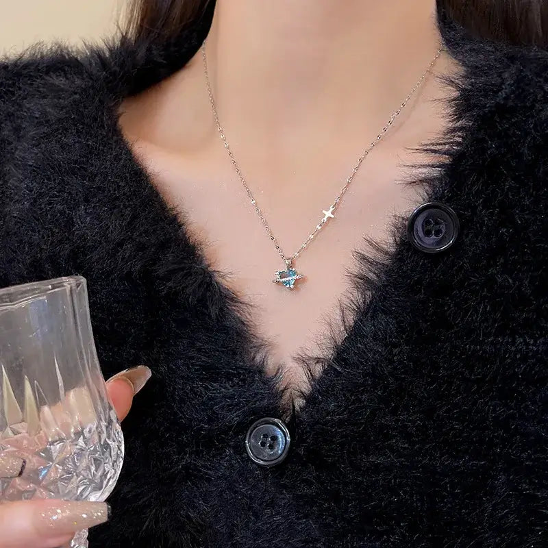 Korean Fashion Vintage Blue Crystal Pendant Necklace