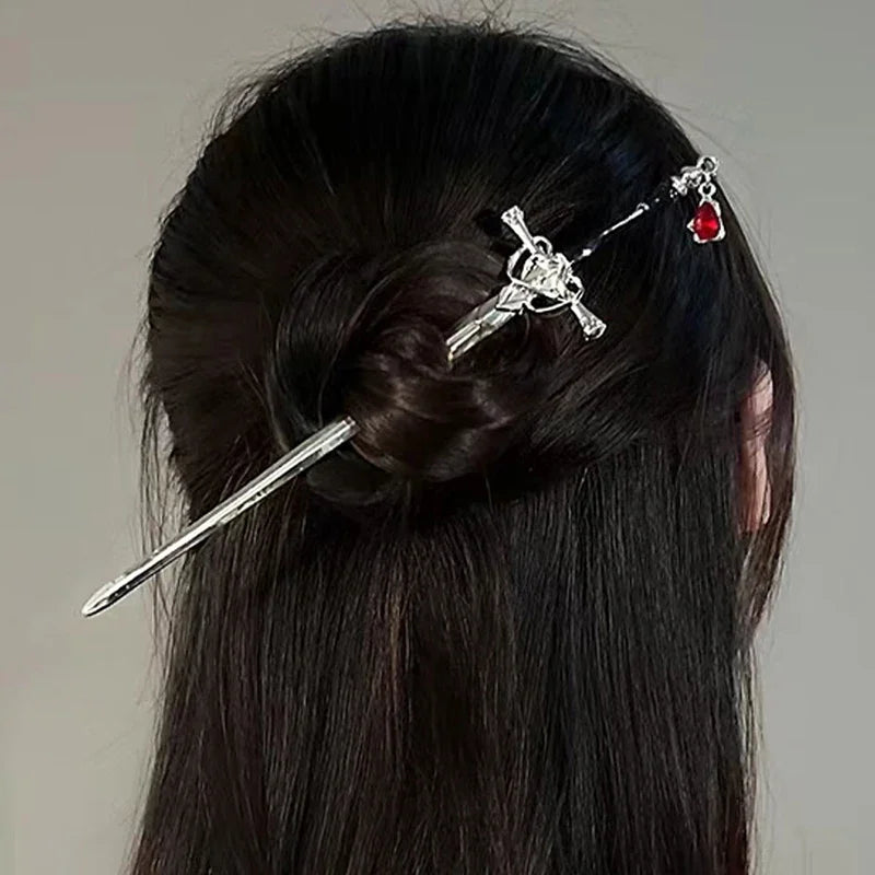 Vintage Chinese Style Ruby Sword Hairpins for Women