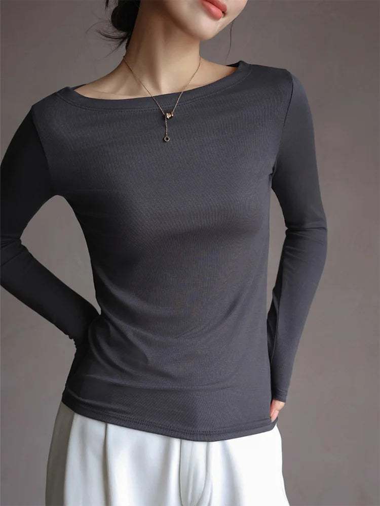 Dozw Women Slim Fit Modal T Shirt Slash Neck Korean Top