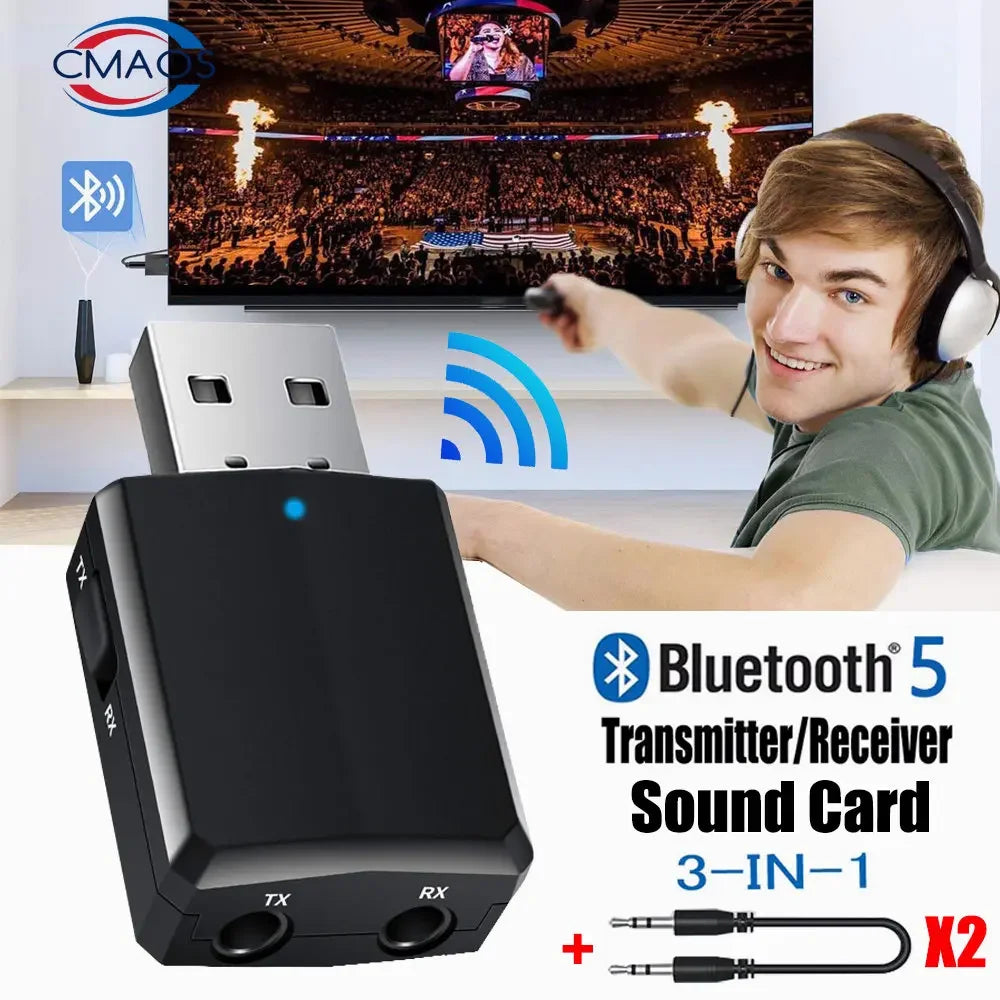 CMAOS Bluetooth 5.0 3 in 1 USB Transmitter Receiver Adapter with 3.5mm AUX for TV PC Headphones and Home Stereo Audio