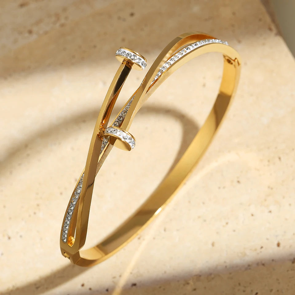 Gold Crystal Nail Head Cross Stainless Steel Women's Cuff Bracelet
