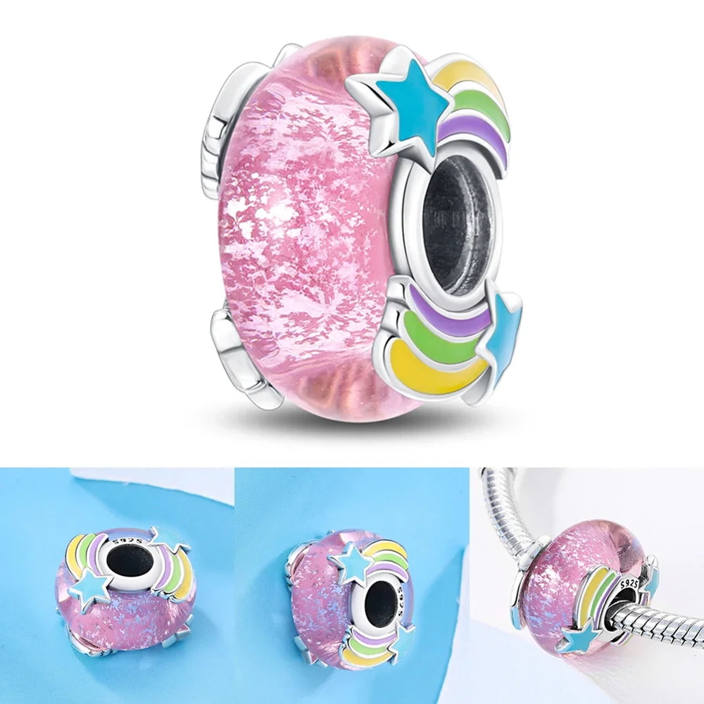 Colorful Flower Murano Glass Charm 925 Sterling Silver Top Rated DIY Jewelry for Bracelets and Necklaces LLZ040