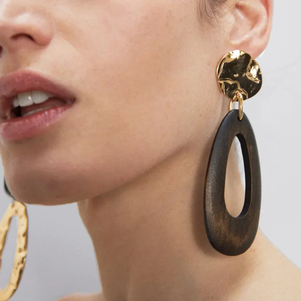 Vintage Alloy Wood Long Drop Earrings for Women - Elegant Banquet Style