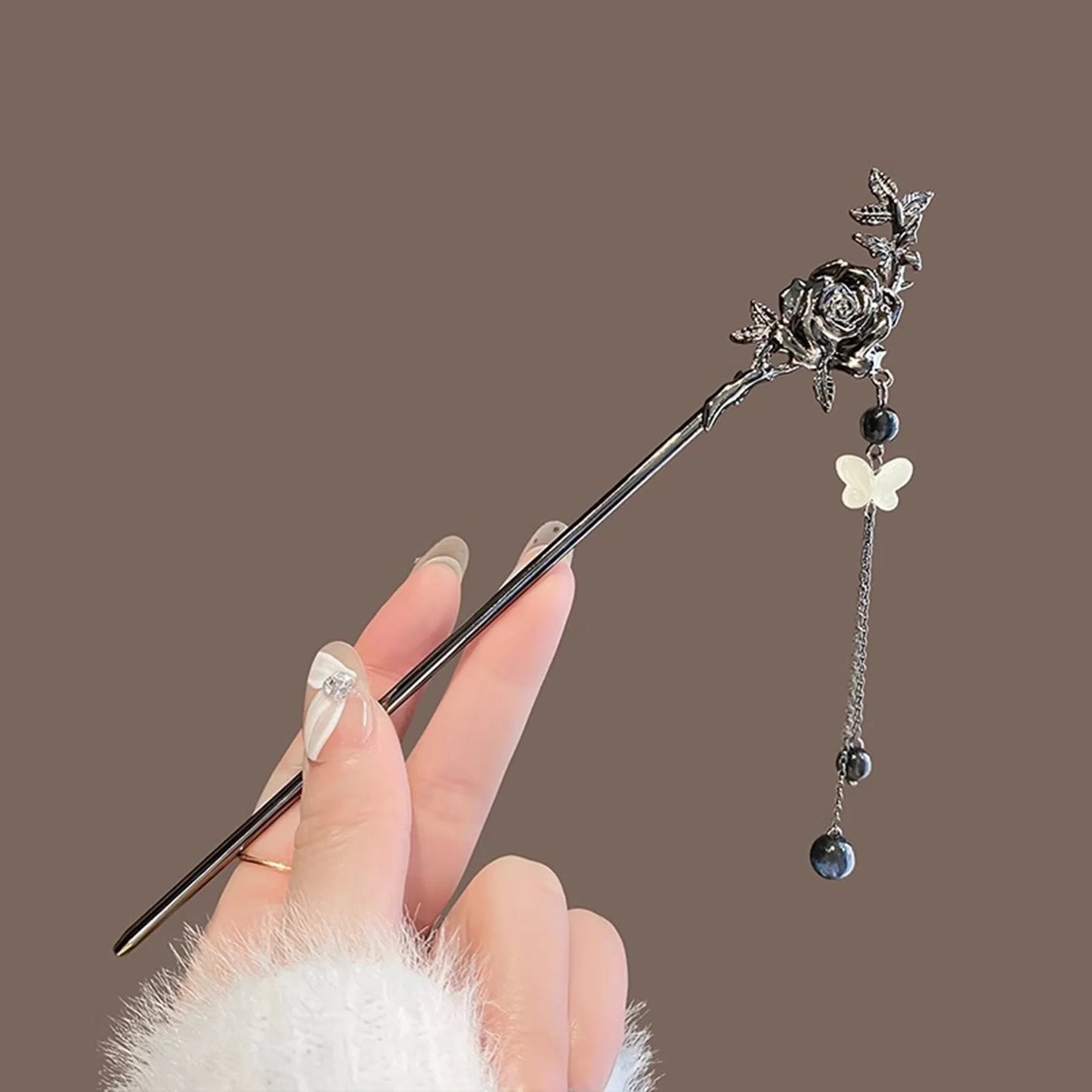 Elegant Ink Flower Tassel Hairpin Forks for Women - Modern Hanfu Hair Jewelry with Black Beads Fringe