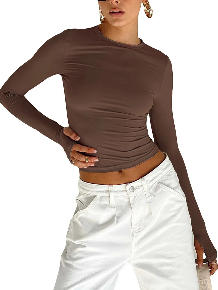 Dozw Women Long Sleeve Crew Neck Crop Top With Thumb Holes