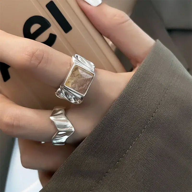 Real 925 Sterling Silver Wave Stone Adjustable Ring Jewelry
