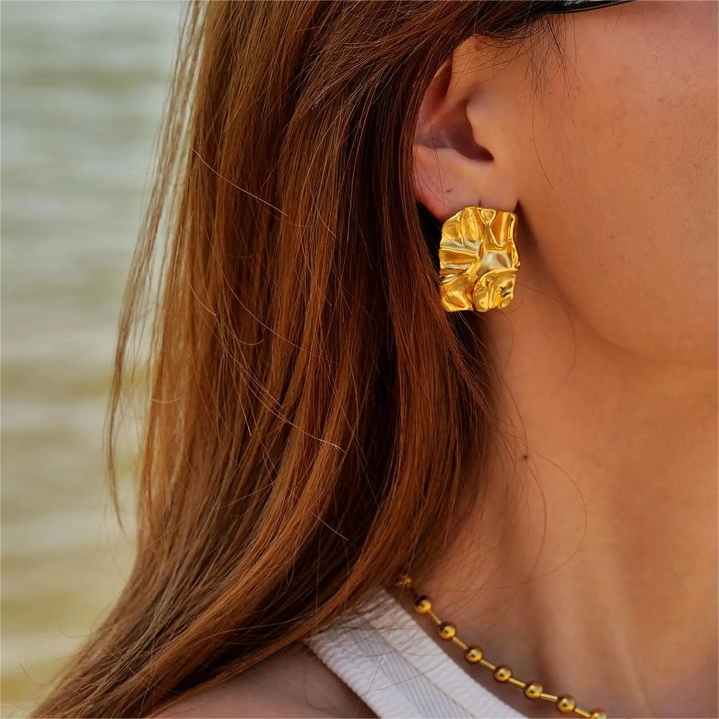 Elegant Pleated Texture Metal Earrings - Minimalist Stainless Steel Studs