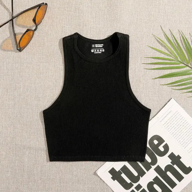 Women’s Seamless Rib-Knit Crop Top Elastic Sleeveless Casual Streetwear Tank