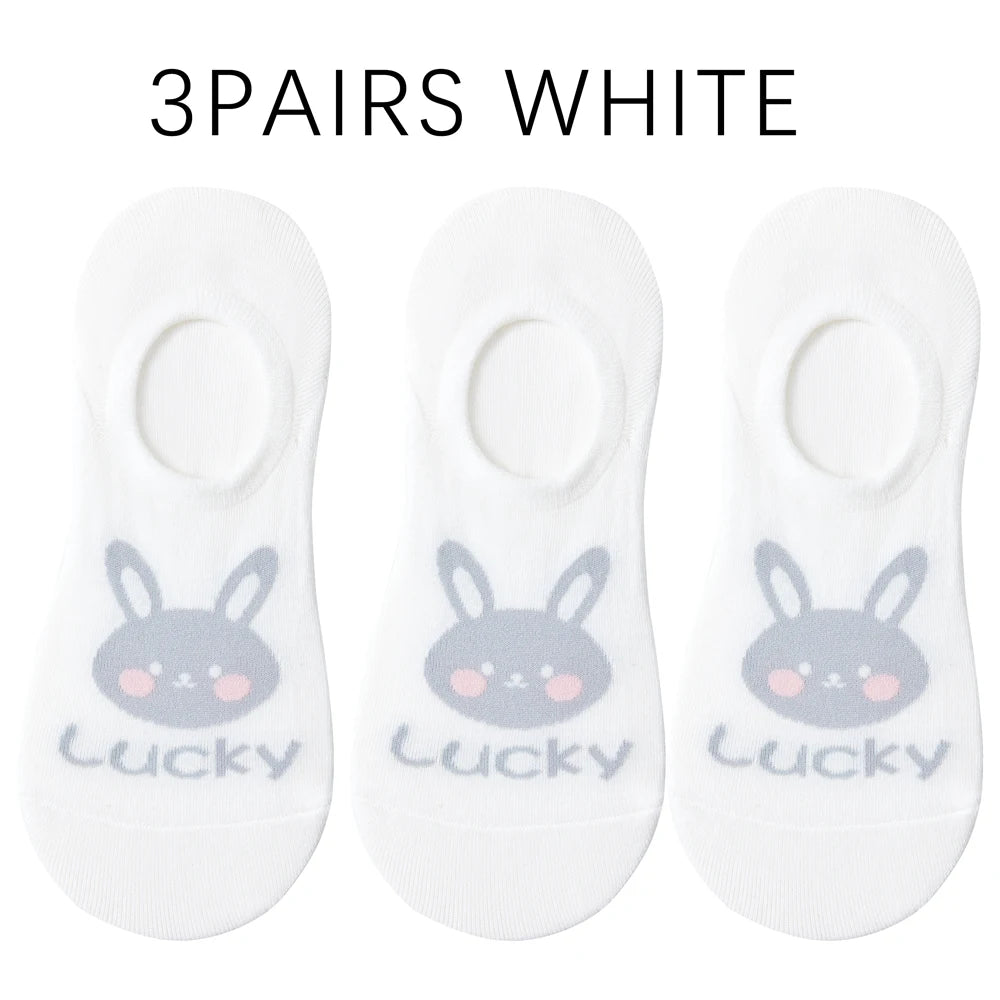 Kawaii Rabbit No Show Socks For Women 3 Pairs Cotton