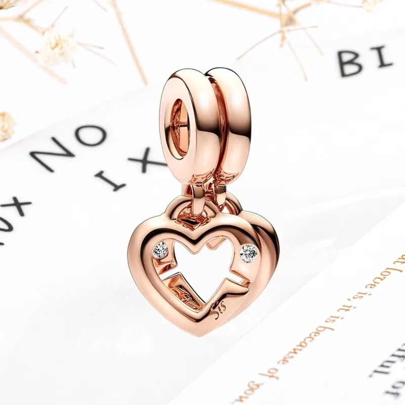Rose Gold Winged Angel Heart Charm Bead Pink Daisy Spacer