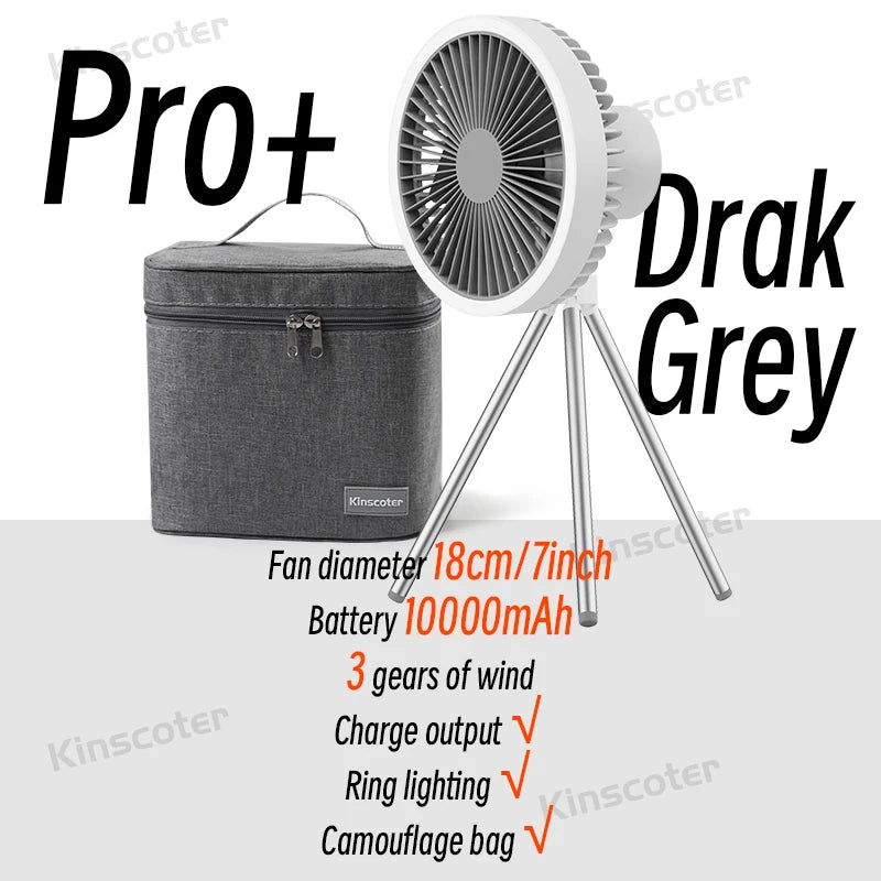 Rechargeable Portable Camping Fan with 10000mAh Power Bank and LED Light Pro Grey with BAG 2