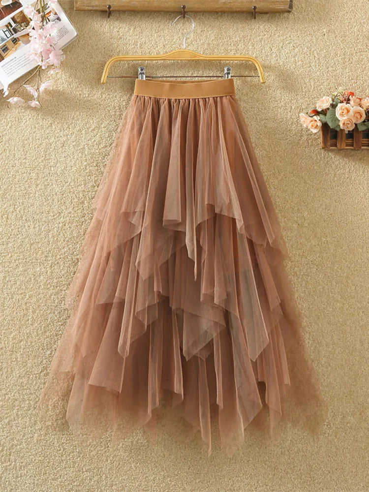 Women Irregular Tulle Skirt Elastic High Waist Mesh Midi