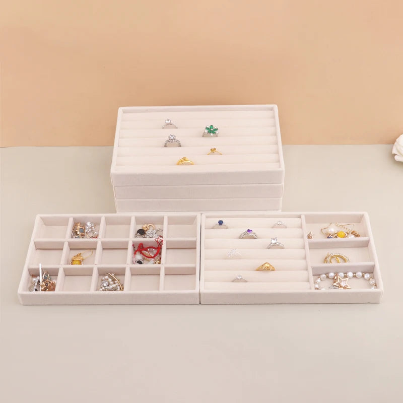 Velvet Jewelry Tray Stackable Beige Storage for Rings and Earrings
