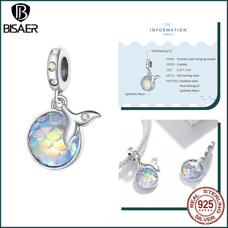 BISAER Ocean Charm 925 Sterling Silver Dolphin and Mermaid Bead with Blue CZ for DIY Jewelry EFC430 CHINA