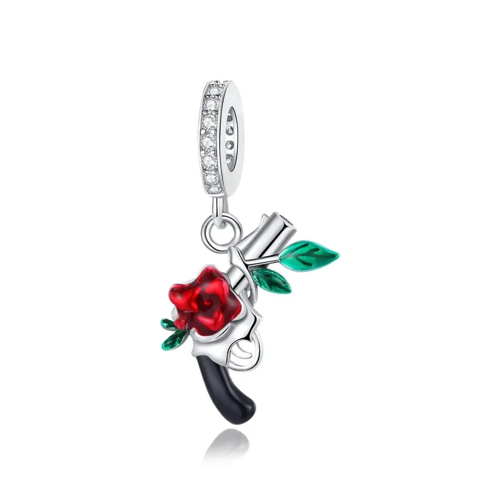 925 Sterling Silver Rose Sakura Flower Dangle Charm with Zircon for DIY Jewelry and Bracelets