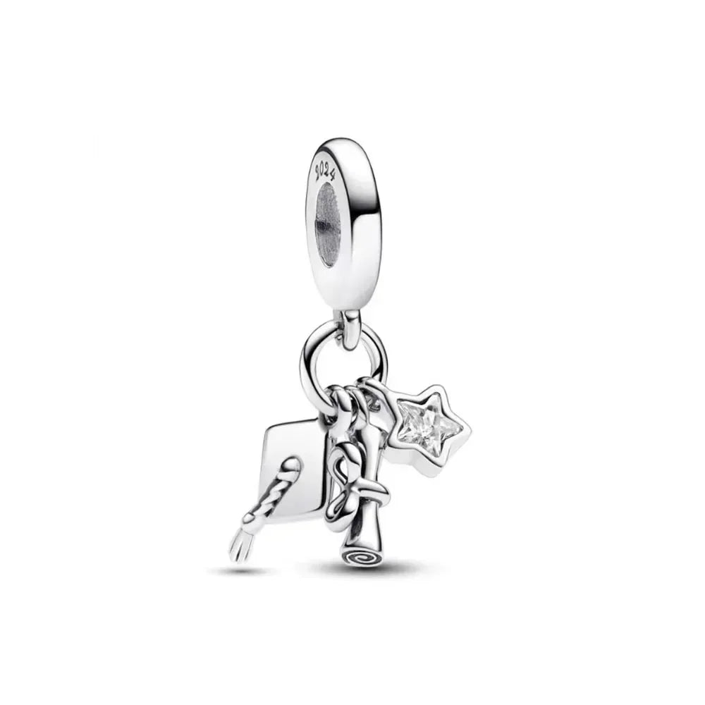 925 Sterling Silver Graduation Mortarboard Charm with Zircon Beads for DIY Bracelet Fine Jewelry Gift