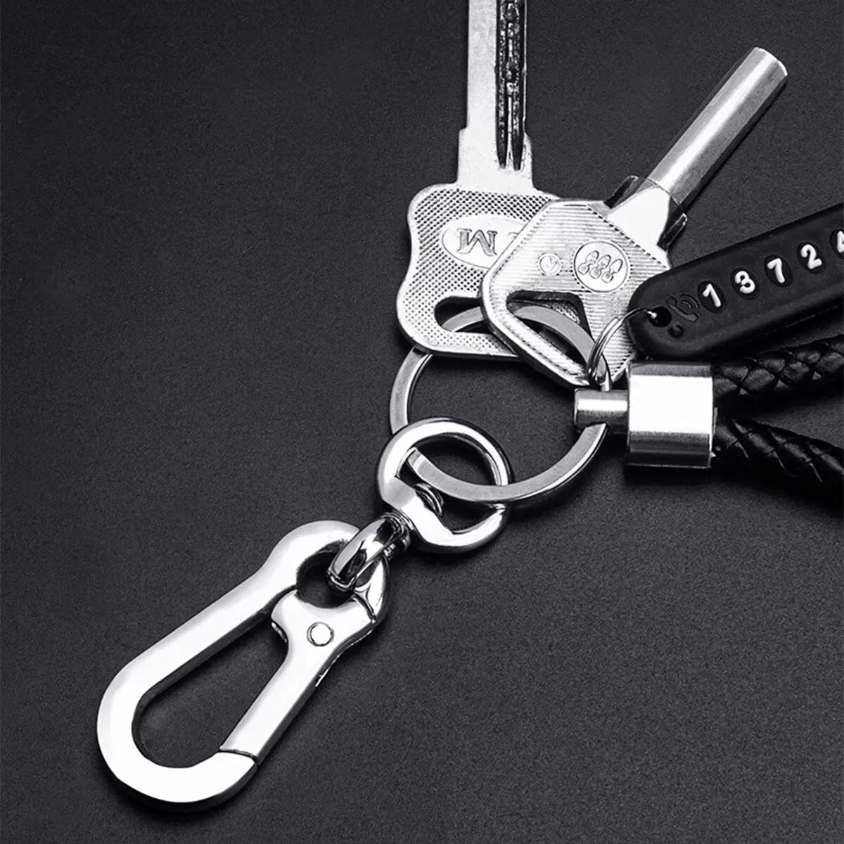 Trendy Keychain Pendant DIY Mobile Phone Number Plate with Woven Leather Rope Anti Lost Car Key Accessory for Men