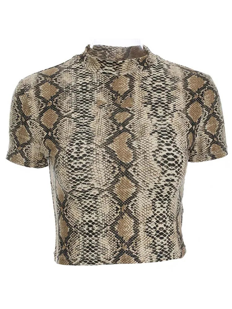 Dozw Snake Print Crop Top Women Sexy High Collar Slim Fit