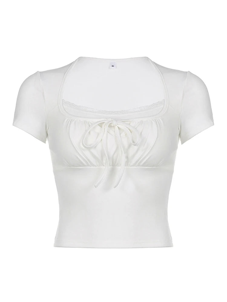 Dozw White Knit Top Tie Front Shirred Summer Tee Women
