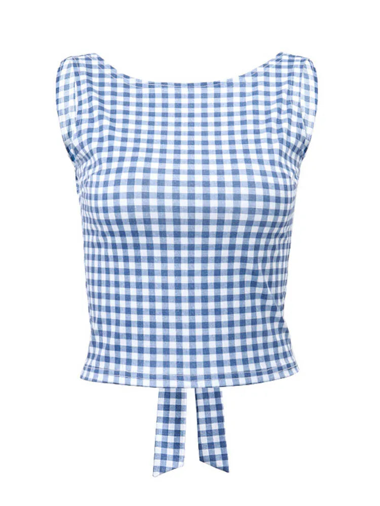 Korean Backless Plaid Croptop Bow Tie Sleeveless Streetwear