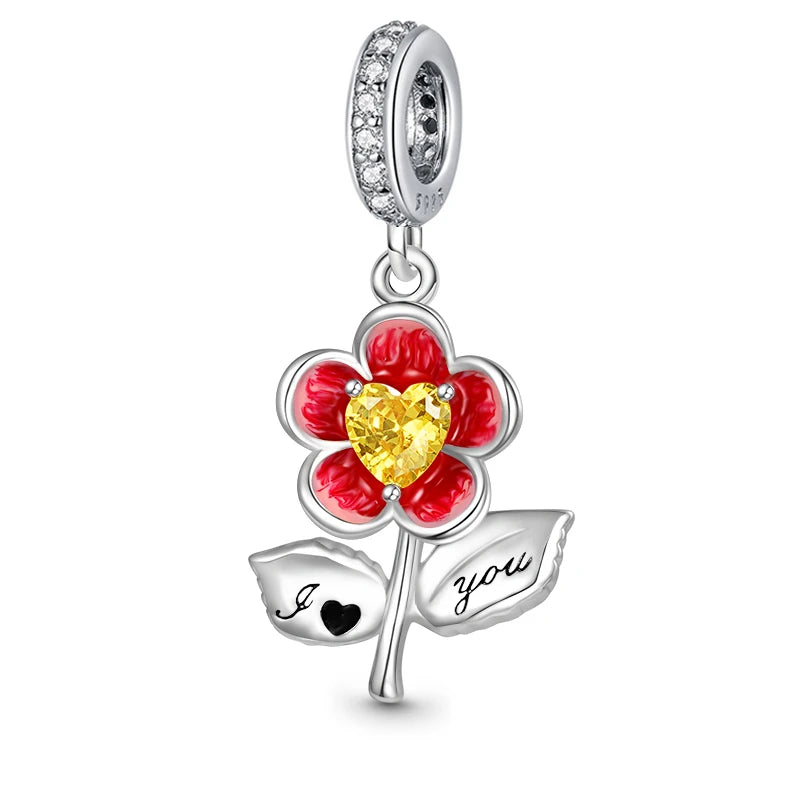 925 Sterling Silver Charm Beads for Women Bracelet - Four-Leaf Clover and Sunflower Design B1479