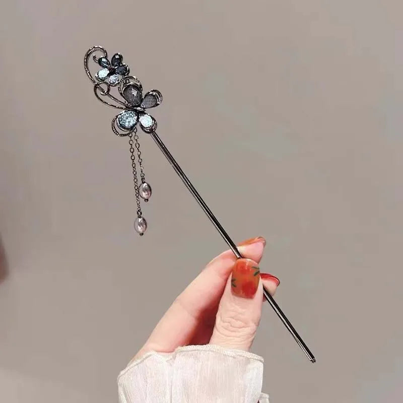 Vintage Chinese Ink Flower Tassel Hairpin With Black Beads Fringe For Women