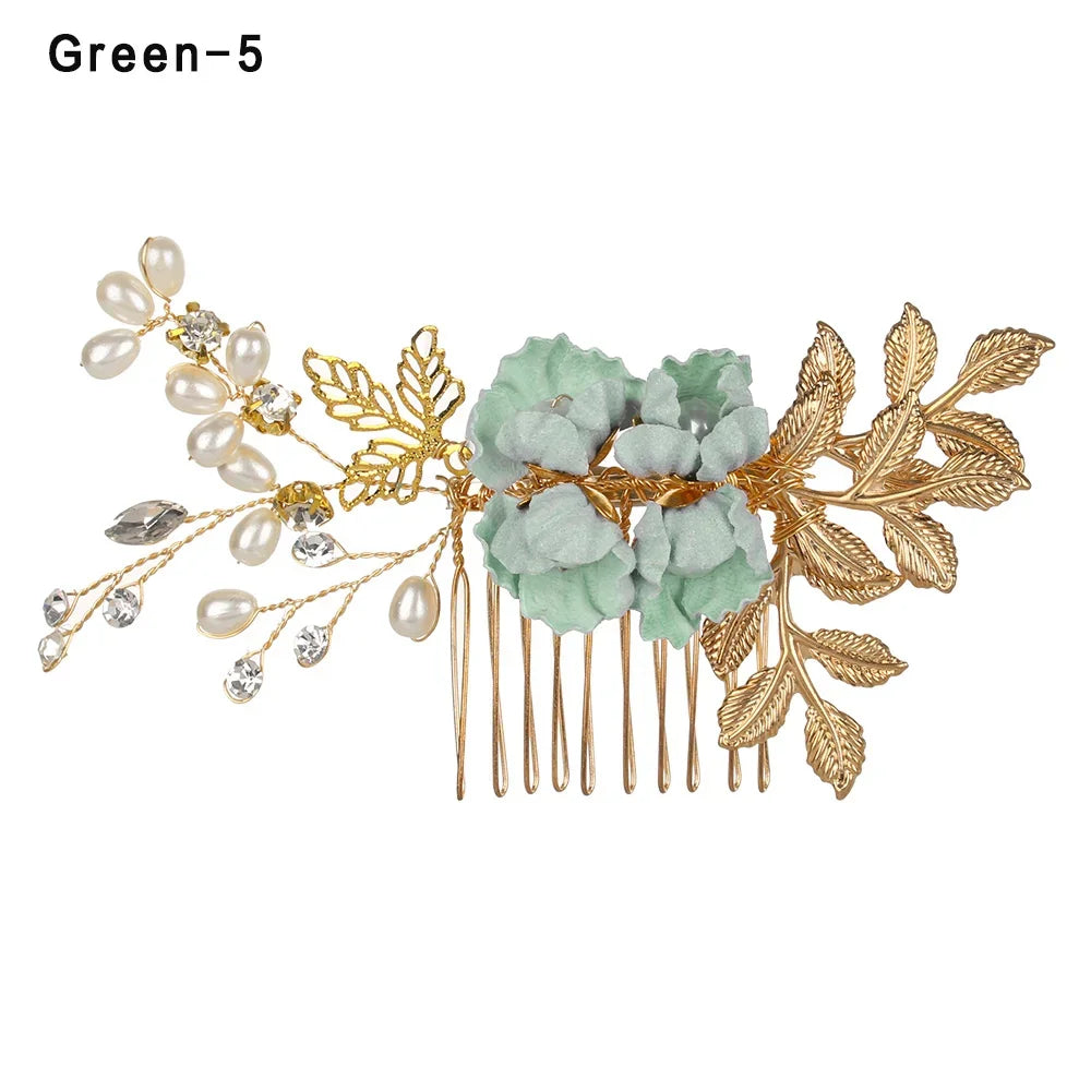 Luxury Crystal Crown Hair Combs - Elegant Bridal Clips with Leaf Design green 5