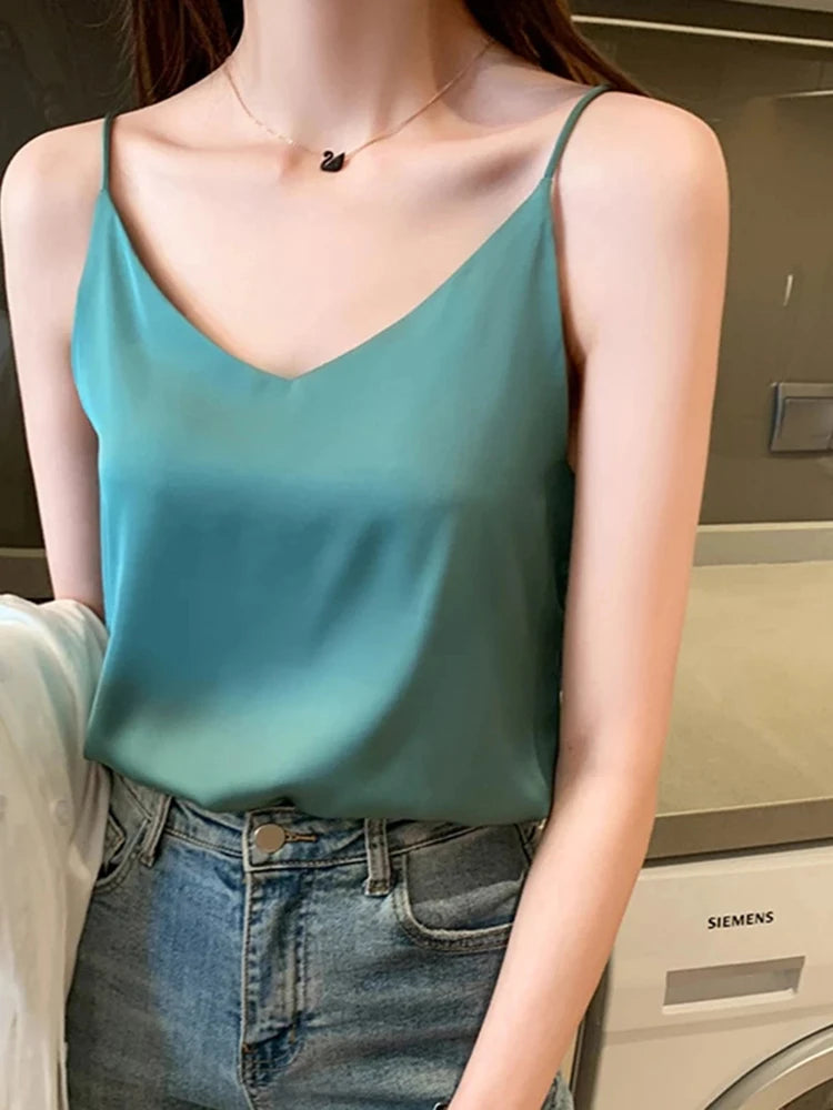 Women Satin V Neck Chiffon Camisole Tank Top Casual