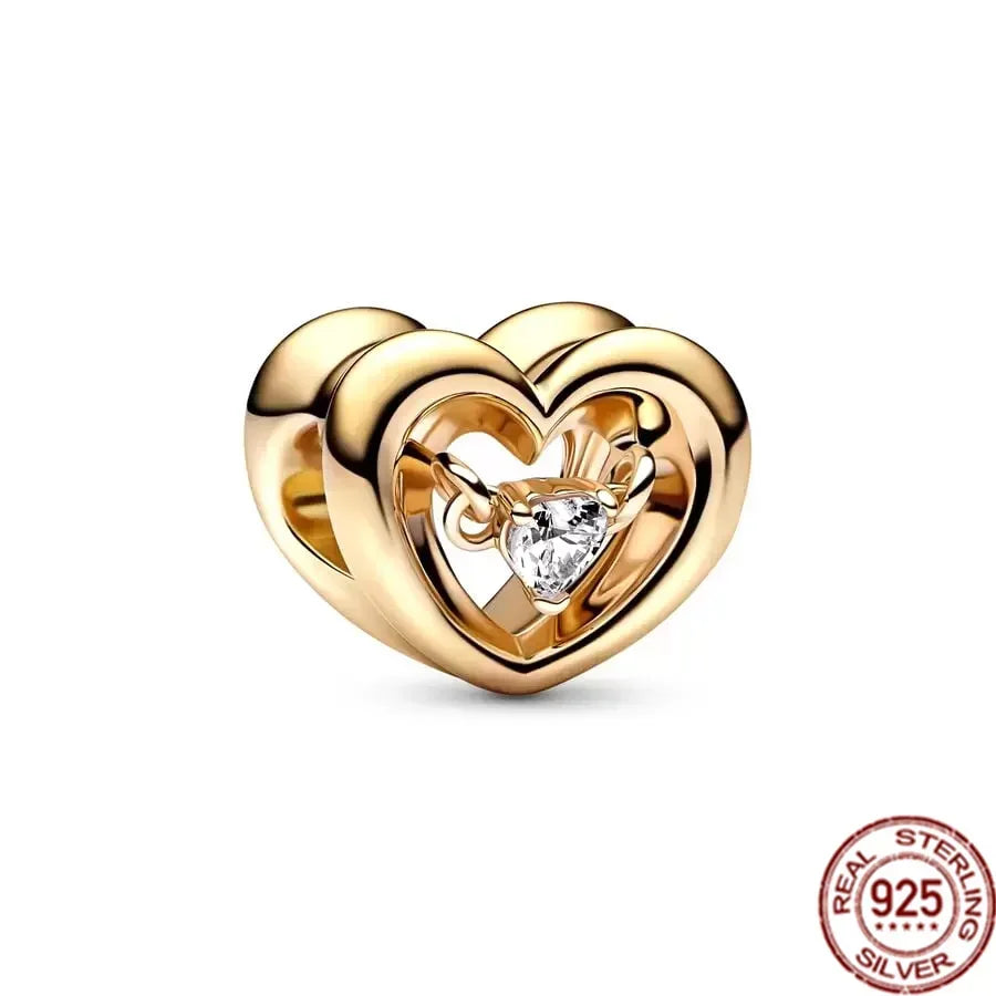 925 Sterling Silver Golden Heart Star Beads Charms for DIY Bracelet and Necklace Gift for Women Mother and Sister