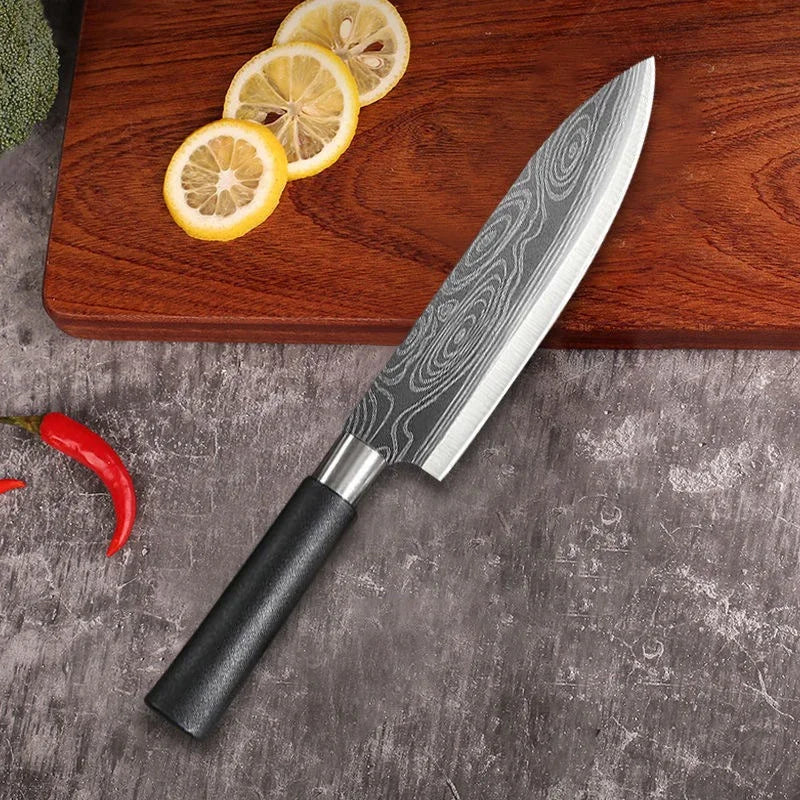 Laser Damascus Pattern Stainless Steel Kitchen Knife Set With Scissors And Sharpening Rod For Precision Cutting And Chef Use