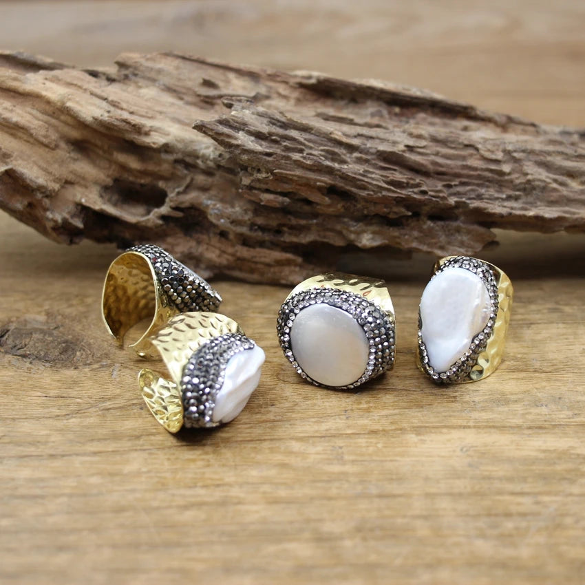 Irregular Freshwater Pearl Open Ring Adjustable Baroque Design Gold Plated Unisex Boho Jewelry Gift