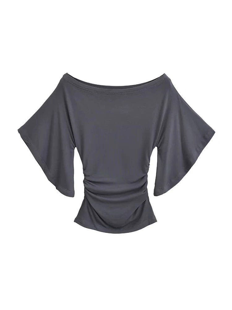 Dozw Women Off Shoulder Bat Sleeve Slim Top Cinched Waist