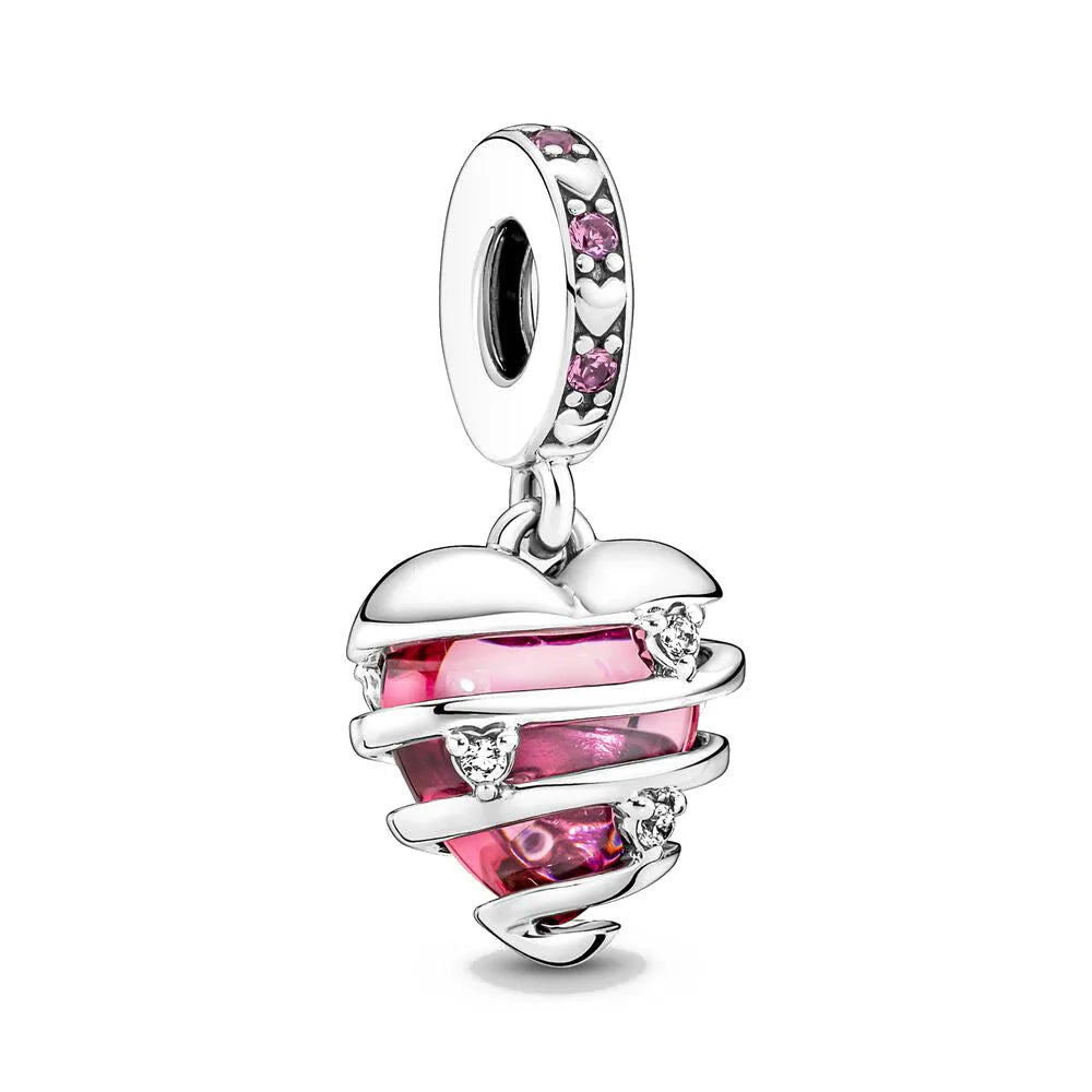 Spring Pink 925 Sterling Silver Enamel Flower Pendant for Mother Daughter Bracelets P1045