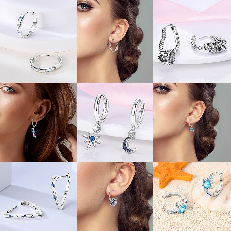 925 Silver Geometric Hoop Earrings for Women with Zircon Moon and Heart Design Fashion Jewelry Gift