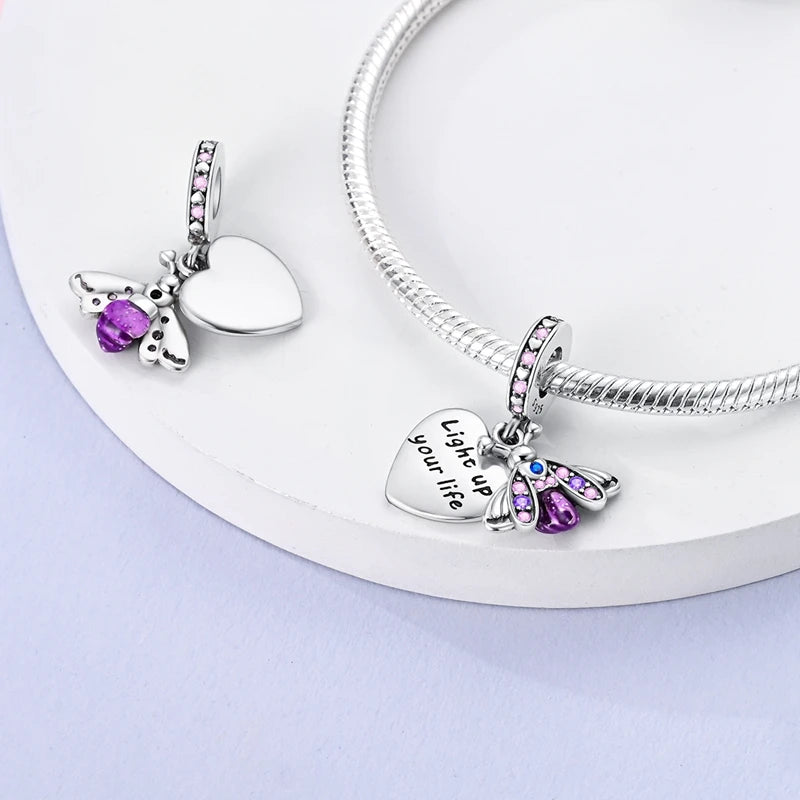Glowing Firefly Butterfly Charm Bead 925 Sterling Silver Pendant for Bracelets