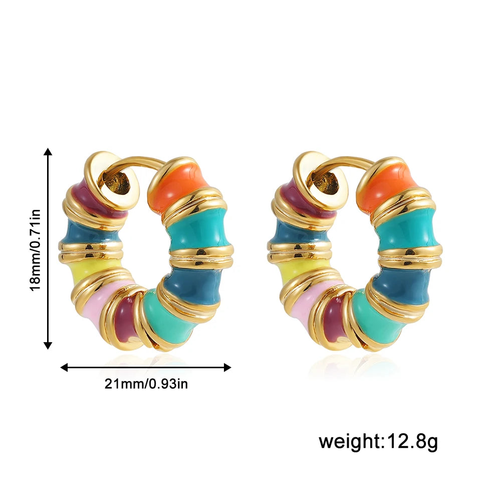 Kpop Multicolour Enamel Bamboo Hoop Earrings for Women - Stainless Steel C Shape Summer Jewelry
