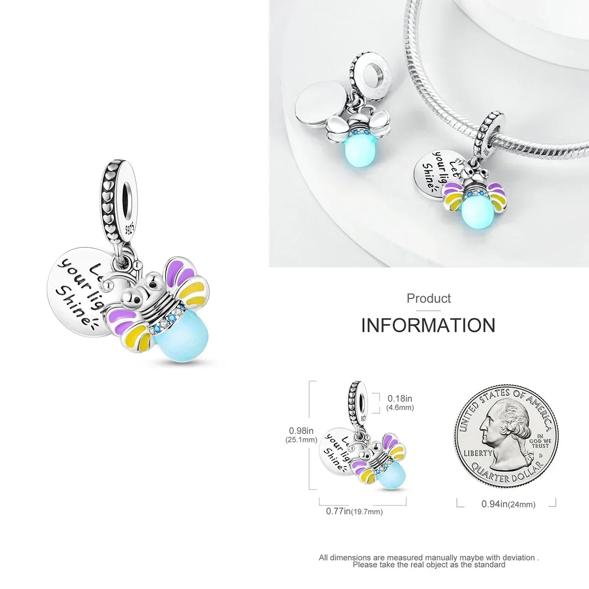 Authentic Luminous Firefly Bee Light Bulb Charm Ring Earrings 925 Sterling Silver DIY Jewelry Gift