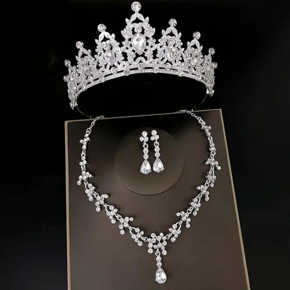 Elegant Crystal Bridal Tiara Set with Earrings and Necklace for Princess Brides