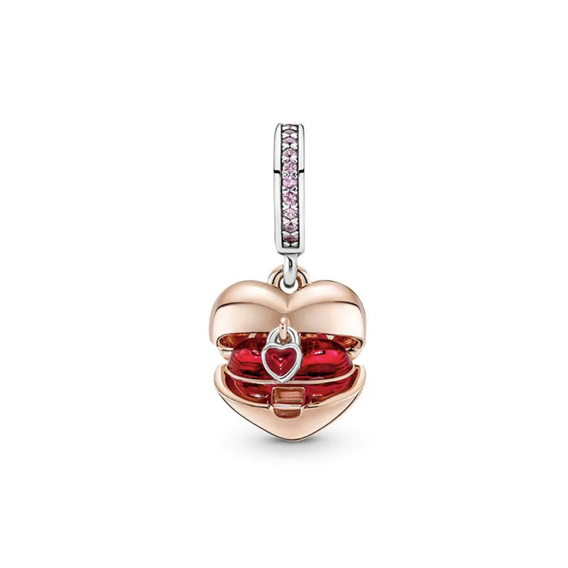 Rose Gold Padlock Heart Key Pendant Necklace for Women 925 Silver with Zircon Beads P1104