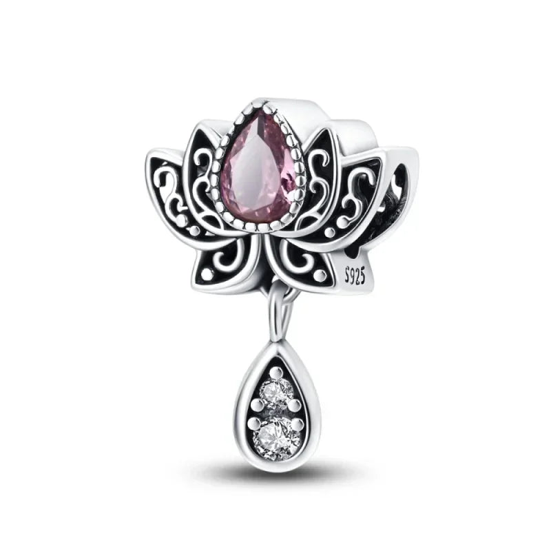 Sterling Silver Pink Blossom Dangle Charm with Butterfly Heart Flower Rose and Bird Bead for DIY Necklace and Bracelet Jewelry