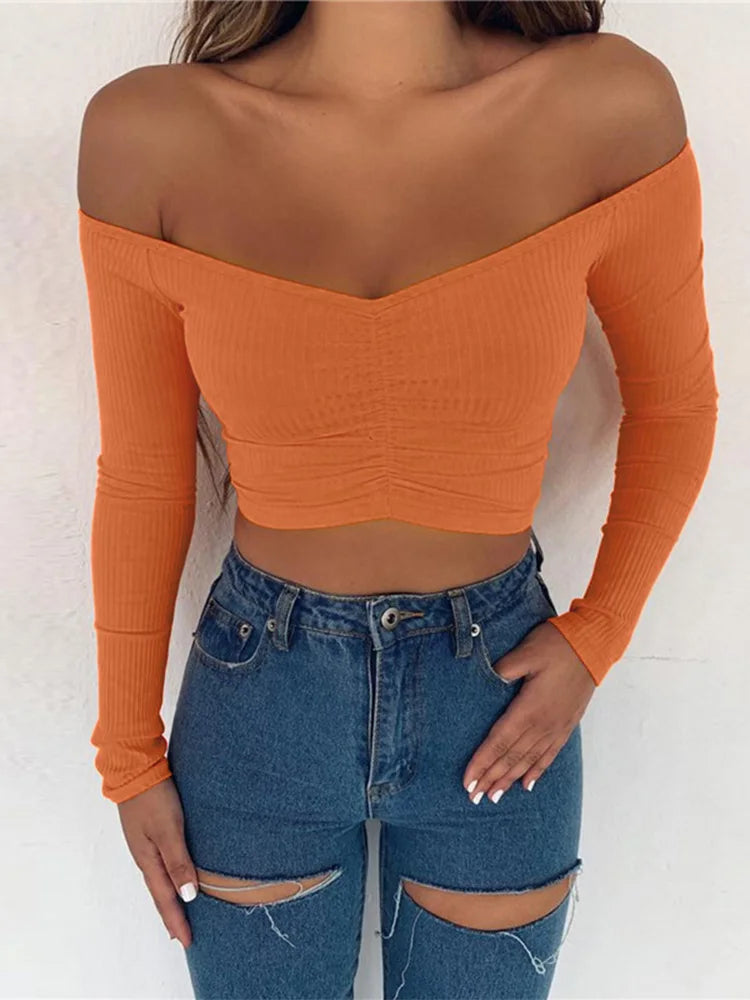 Women Off Shoulder Long Sleeve Slim Clubwear Tee Autumn