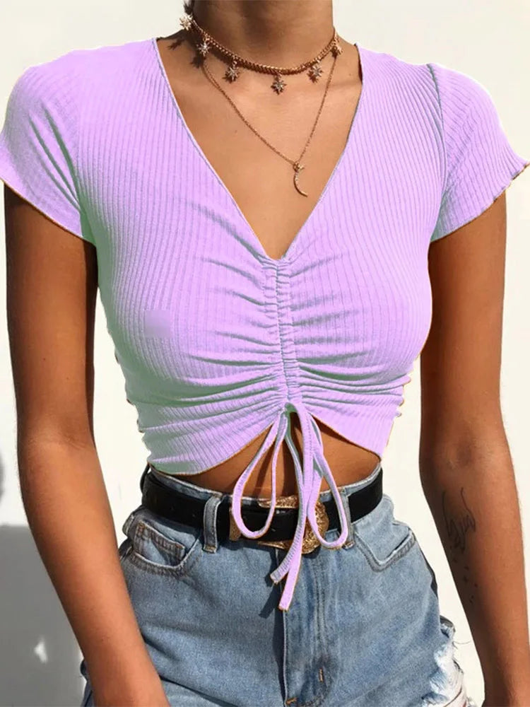 Women Candy Colors V Neck Cropped Tank Top Drawstring Tie