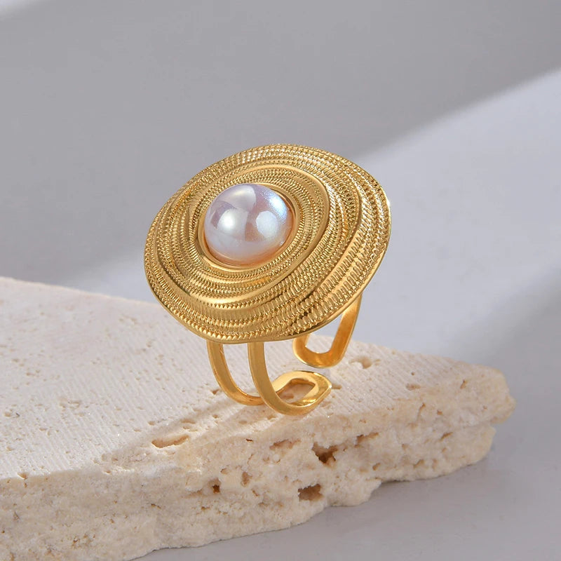Letdiffery Vintage Golden Pearl Pendant Jewelry Set with Stainless Steel Geometric Round Earrings Necklace and Ring for Women