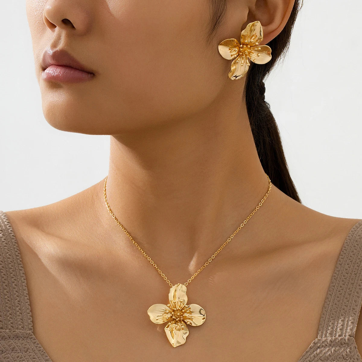 Trendy Blue Enamel Floral Petal Necklace And Earring Set