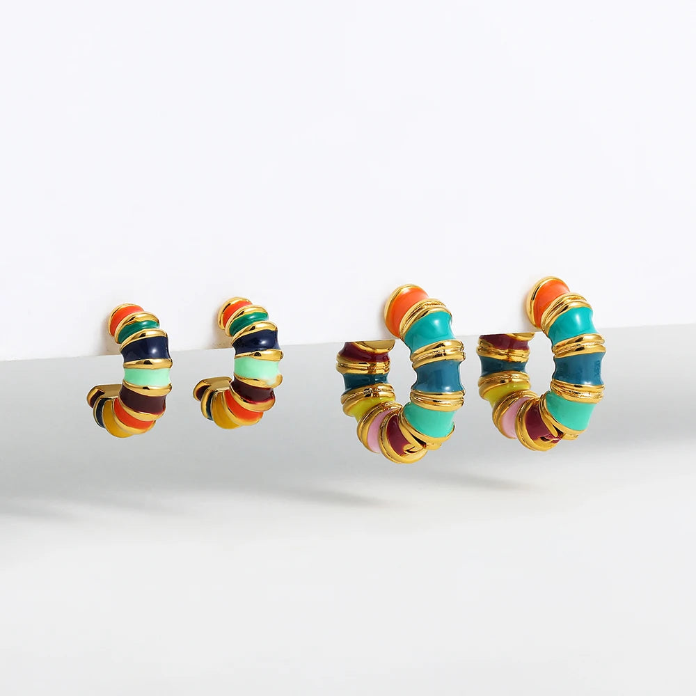 Kpop Multicolour Enamel Bamboo Hoop Earrings for Women - Stainless Steel C Shape Summer Jewelry