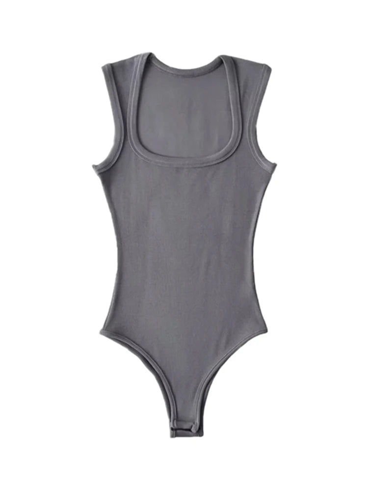 Ladies Slim Square Collar Retro Bodysuit Jumpsuit Backless