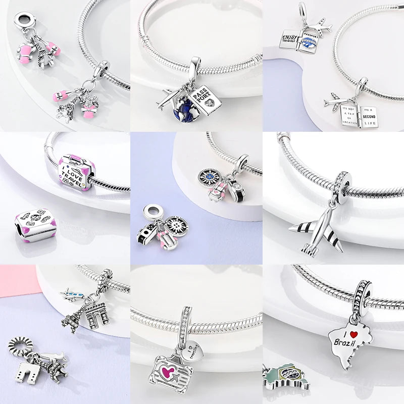 925 Silver Paris Plane Travel Charms for Bracelet Jewelry