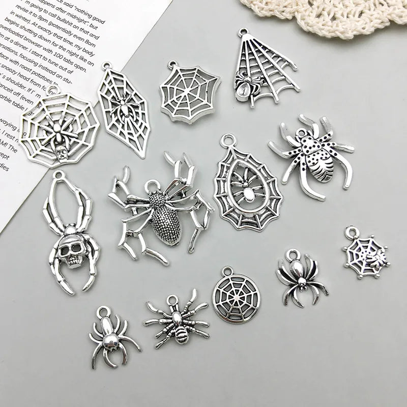 Antique Silver Spider Charms Set for DIY Halloween Jewelry Crafting