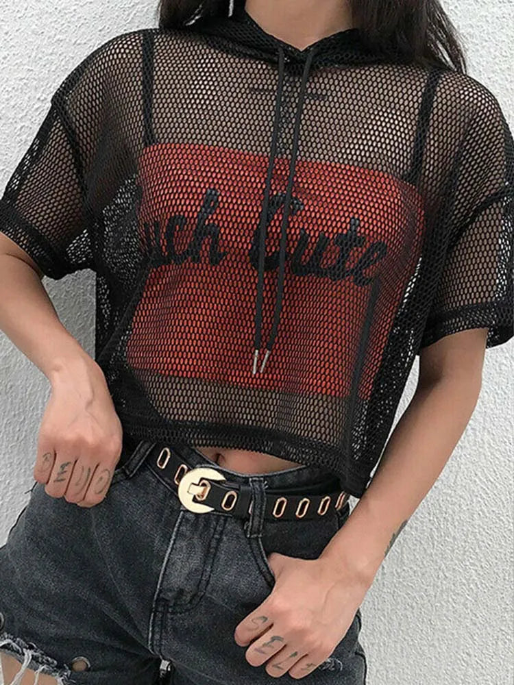 Womens Hollow Mesh Hooded Tee Transparent Black Partywear