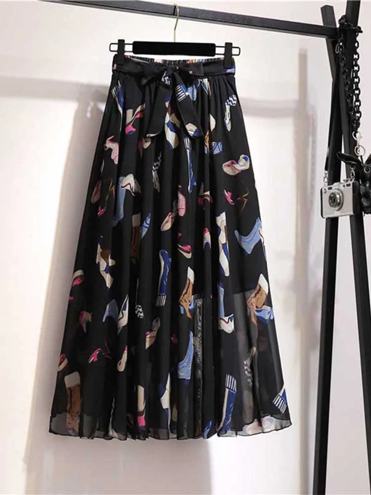 Chiffon Midi Skirt Women High Waist Korean Style White